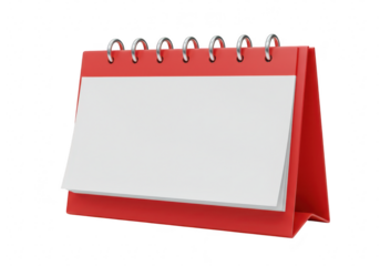 Red desk calendar with a blank page for writing, perfect for planning and organizing dates and appointments, isolated on transparent background
