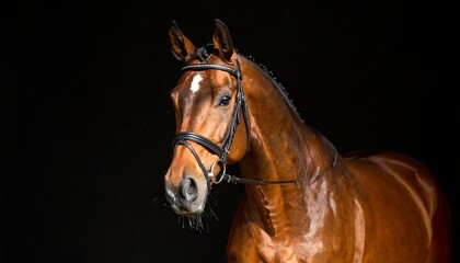 Obraz premium Chestnut horse portrait against a black background, showcasing its elegant features and bridle