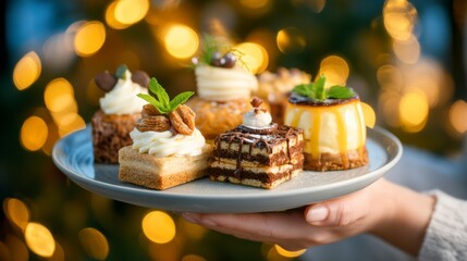 Naklejka premium A hand holding a plate with assorted elegant mini desserts garnished with nuts, cream, and mint leaves, against a warm, festive bokeh light background.
