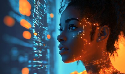 AI cybersecurity threat illustration with a Black African American IT specialist engaged in machine learning and data security. The image blends modern technology with digital safety, Generative AI
