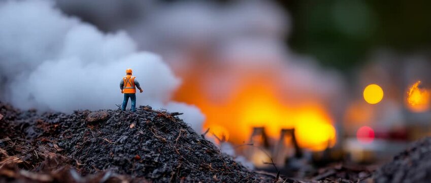 Miniature worker contemplating industrial disaster with smoke and burning background