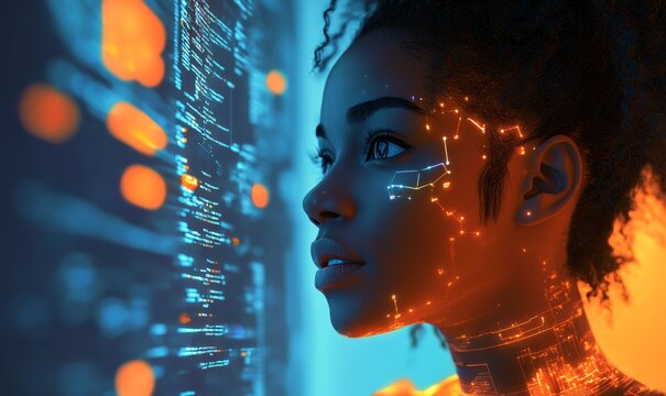 AI cybersecurity threat illustration with a Black African American IT specialist engaged in machine learning and data security. The image blends modern technology with digital safety, Generative AI