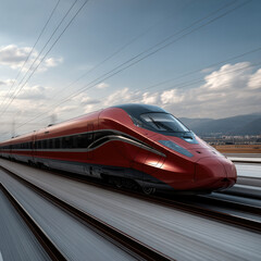 Fototapeta premium Sleek red bullet train speeding on railway track, modern transportation, dynamic motion, futuristic design, travel concept, blue sky