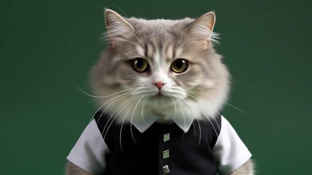 Cute Cat Dressed in Scottish Kilt and Traditional Attire Sitting Against Green Background