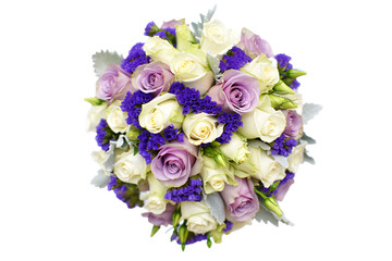 Beautiful cascading bouquet of white roses and purple flowers isolated on transparent background