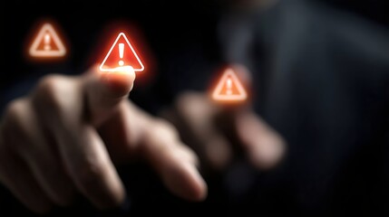 A focused male figure points at digital warning signs, showcasing urgency and alertness in a professional setting.