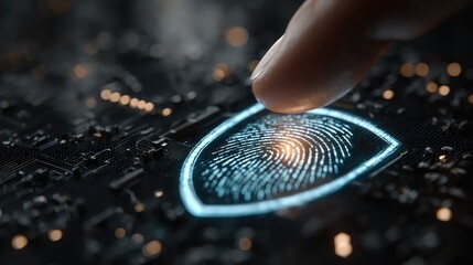 User accessing secure platform via fingerprint and face scan combo, no passwords shown, login success visualized by glowing shield and biometric waveform