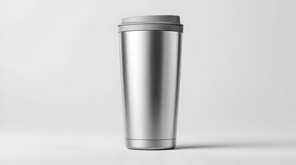 A sleek, stainless steel travel mug with a lid, perfect for coffee, tea, or any beverage on the go. Its design combines both functionality and modern style