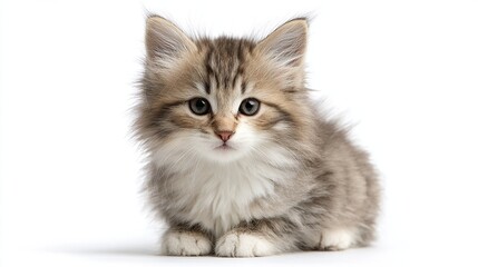 Fluffy tabby kitten with big eyes sits attentively against a blank white backdrop