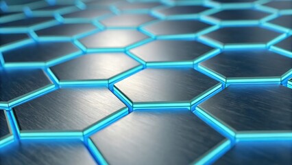 Obraz premium Glowing blue hexagons on brushed silver surface — futuristic tech background in 3D 