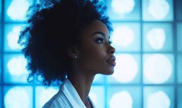 Side profile of African American Black female doctor analysing healthcare AI data holograms. The focus is on medical research innovation and the role of artificial intelligence, Generative AI