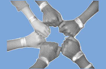 close up group of hand gesturing strong in unity pixelate grayscale color halftone dotted texture style collage element isolated on blue background. friendship concept.