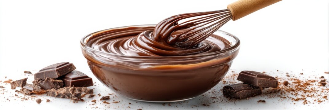 Rich chocolate mixture being whisked in a glass bowl with chocolate pieces scattered around - Powered by Adobe