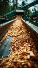 Wood chips flowing down a conveyor belt at a sawmill during the afternoon in a forested area