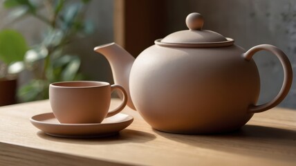 Beige Teapot and Cup Set on Wooden Table