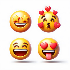 Fototapeta premium Emoji Expressions A Collection of Joyful Faces Displaying Starry Eyes Kissing Hearts Laughter and Intense Adoration on a Clean White Background Showcasing Diverse Emotions