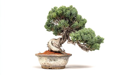 A mature bonsai tree, showcasing a gnarled, aged trunk and cascading branches with dense, green foliage, sits in a shallow, speckled ceramic pot against a stark white background