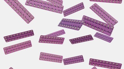 A 3d animation of the pills and their packaging, birth control pills. The packs are a soft pink or purple color. Each pack is a long, rectangular strip with a series of small, round pills. 