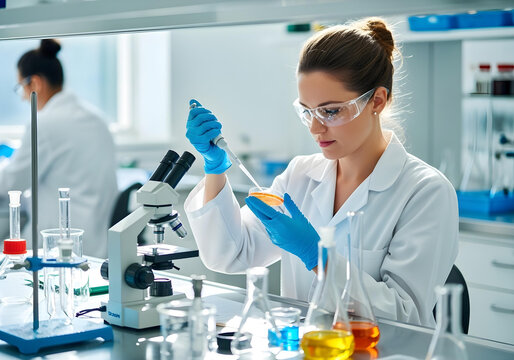 female scientist examining petri dish under microscope in lab

