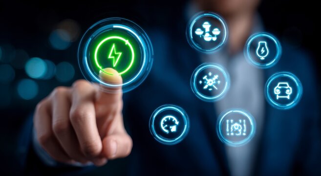 Hand interacting with futuristic electric car interface