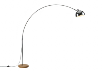 Modern arc floor lamp with chrome finish and wood base, providing elegant illumination, isolated on transparent background