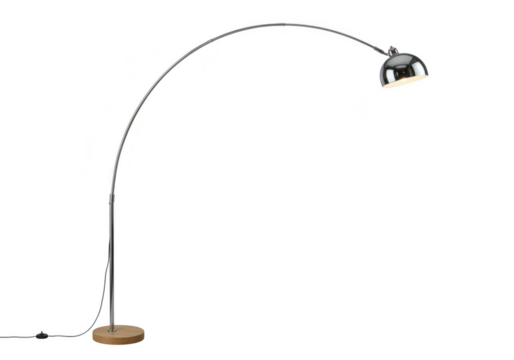Modern arc floor lamp with chrome finish and wood base, providing elegant illumination, isolated on transparent background
