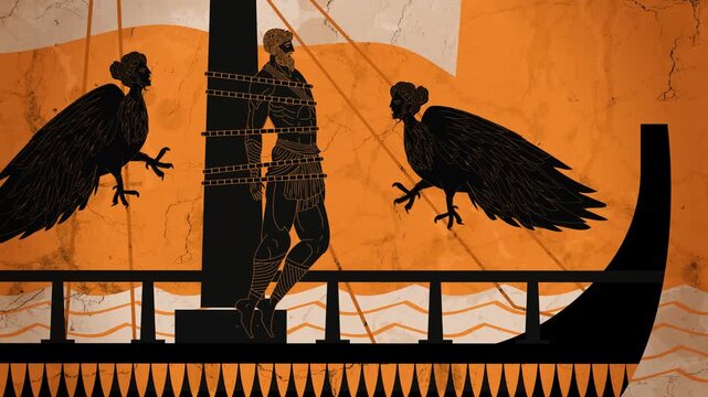 odysseus and the sirens in black and orange style