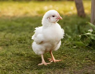 In the isolated farmyard surrounded by the serene beauty of nature, the cute white baby chicken with soft feathers explores its background. 