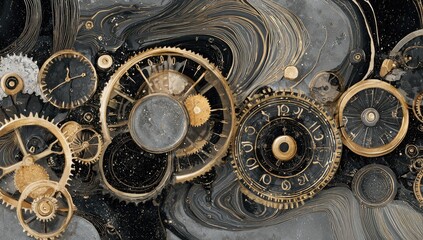 Ornate clock gears in a marbled design