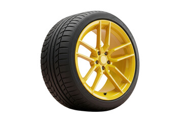 Obraz premium A car wheel with a yellow rim and black tire, isolated on a transparent background