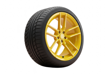 A car wheel with a yellow rim and black tire, isolated on a transparent background