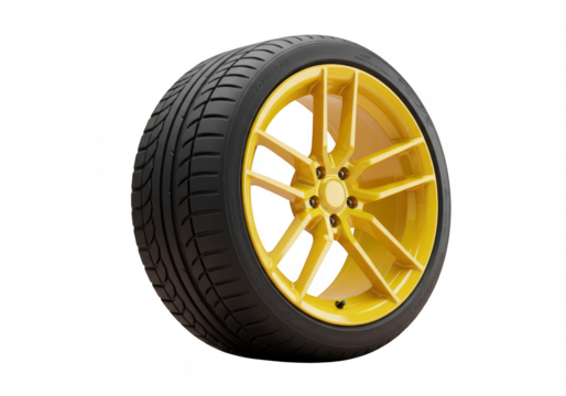 A car wheel with a yellow rim and black tire, isolated on a transparent background