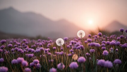 Sunset over a field of flowers