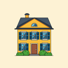 Colorful Two Story House with Blue Shutters and Lush Greenery in a Cartoon Style