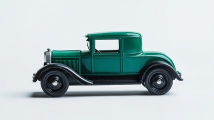 13.Vintage green retro automobile figurine with black wheels parked on white background in studio
