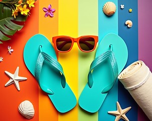 Summer beach vacation essentials flip flops sunglasses towel and seashells