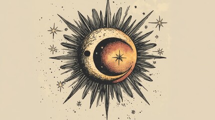 72.A detailed bohemian-inspired sunburst design, featuring a balance of sun and moon rays. The design reflects a serene sunset on a beach, complemented by subtle stars and a calming color palette,