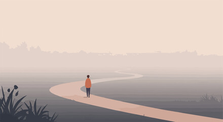 Fototapeta premium A person walking on a path in a flat misty landscape. Future concept. Road ahead