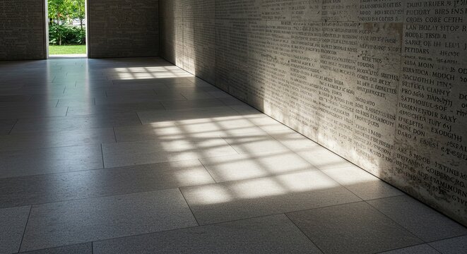 Light casts prison bars on floor, somber light on wall of names, sad light