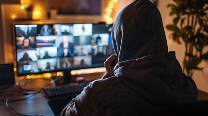 Online meeting security threat concept: hacker on video call, data breach, cybercrime, privacy concerns