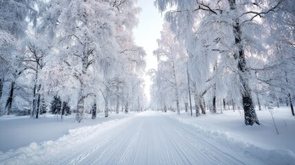Obraz premium Snowy winter wonderland park scene with frosted trees.