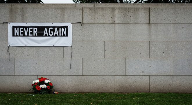 Banner on wall a solemn tribute, wreath below a silent historical tribute