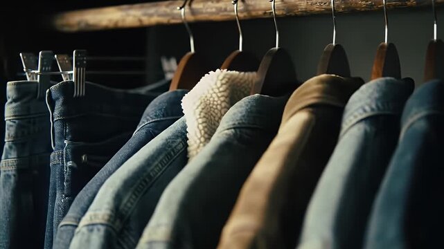 Assorted Denim Jackets and Blue Clothing Hanging on a Wooden Rod Detailed Close Up