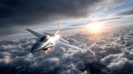  Soaring Through the Skies: A modern fighter jet streaks across a vast canvas of fluffy clouds, soaring towards the golden sun.