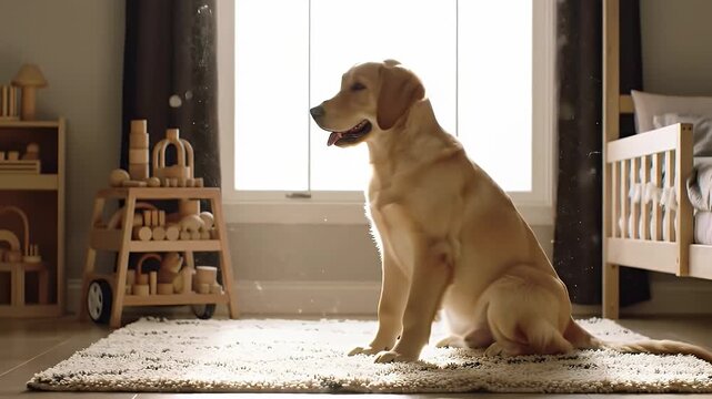 A beautiful yellow Labrador Retriever dog sitting peacefully on a fluffy rug in a sunlit nursery with wooden toys turns to look at the camera