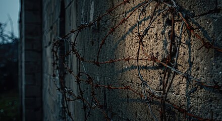 Rusty barbed wire on concrete wall, a texture of historical pain.