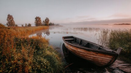 Fototapeta premium Misty sunrise on a tranquil lake with an old wooden boat.