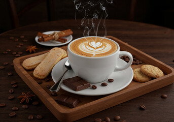 Steaming hot latte coffee with heart art, ladyfingers, chocolate, cookies, and cinnamon on a wooden tray.
