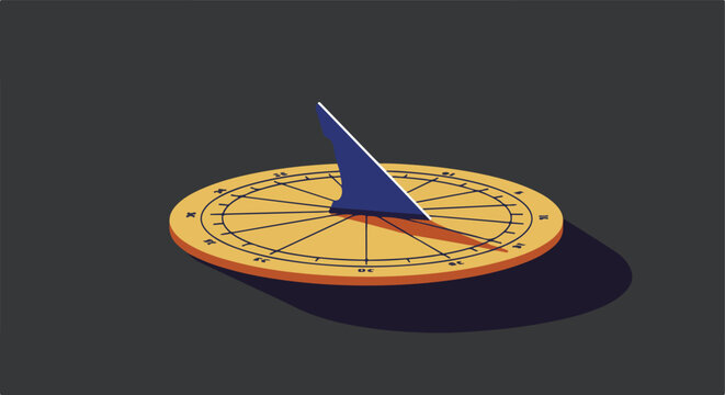 Sundial casting shadow on gray background, time telling in education usage