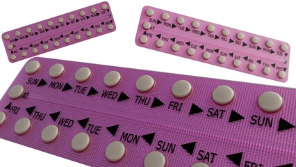 A 3d rendering of the pills and their packaging, birth control pills. The packs are a soft pink or purple color. Each pack is a long, rectangular strip with a series of small, round pills. 